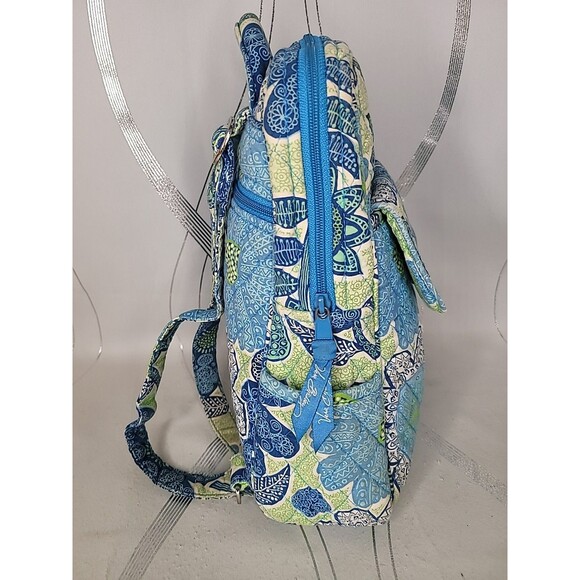 Vera Bradley Doodle Daisy Backpack Blue Green Floral Quilted School Travel Bag - Picture 3 of 13